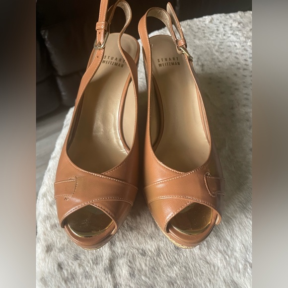 Stuart Weitzman Brown Peep-Toe Slingback Heels - Picture 1 of 9